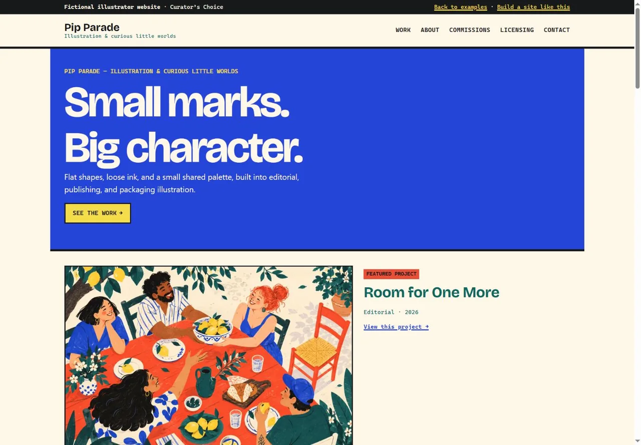 Pip Parade illustrator website with bold typography and colourful editorial illustration