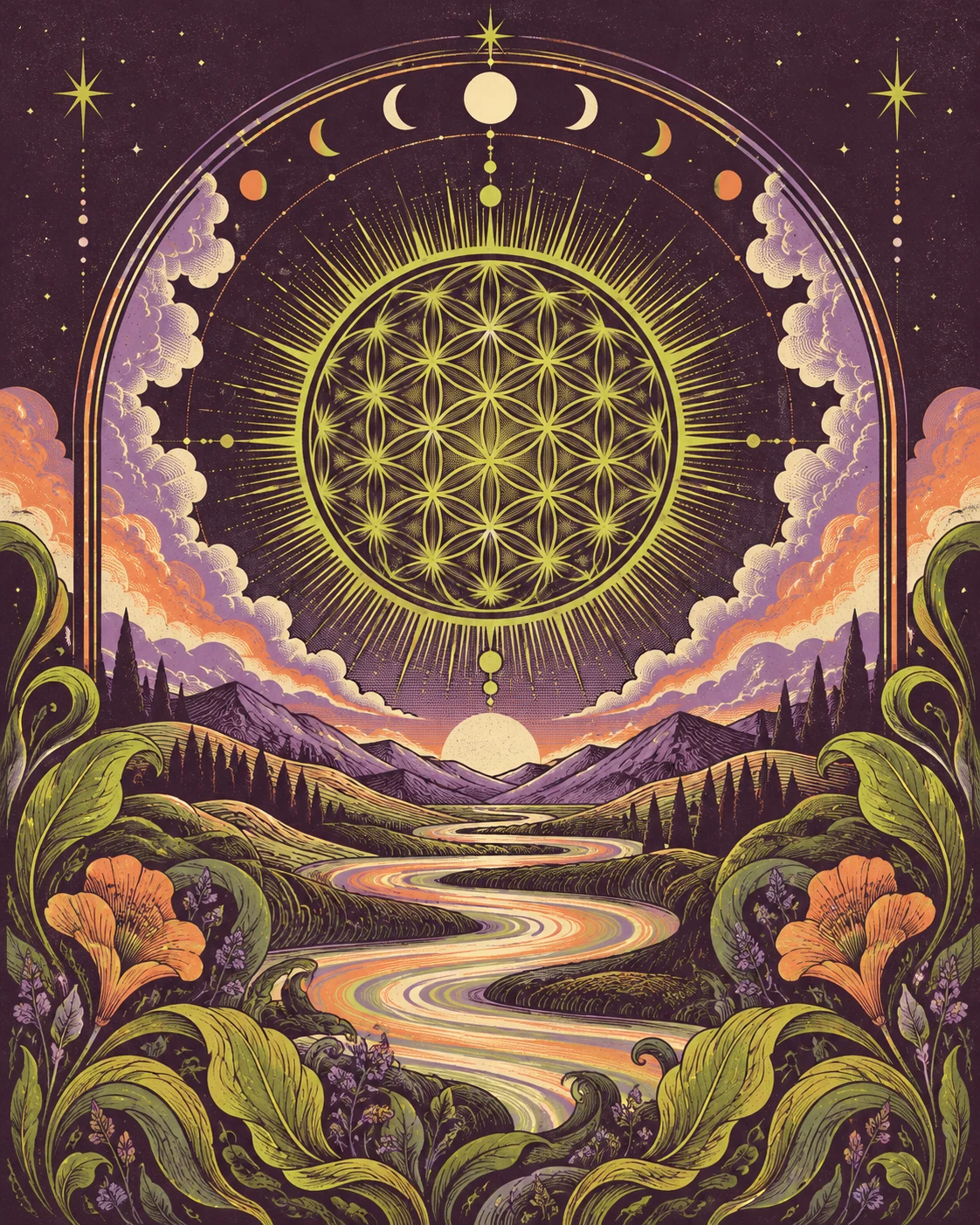 Illustrated geometric sun over mountains, flowers, and a winding river in plum, coral, lavender, and lime