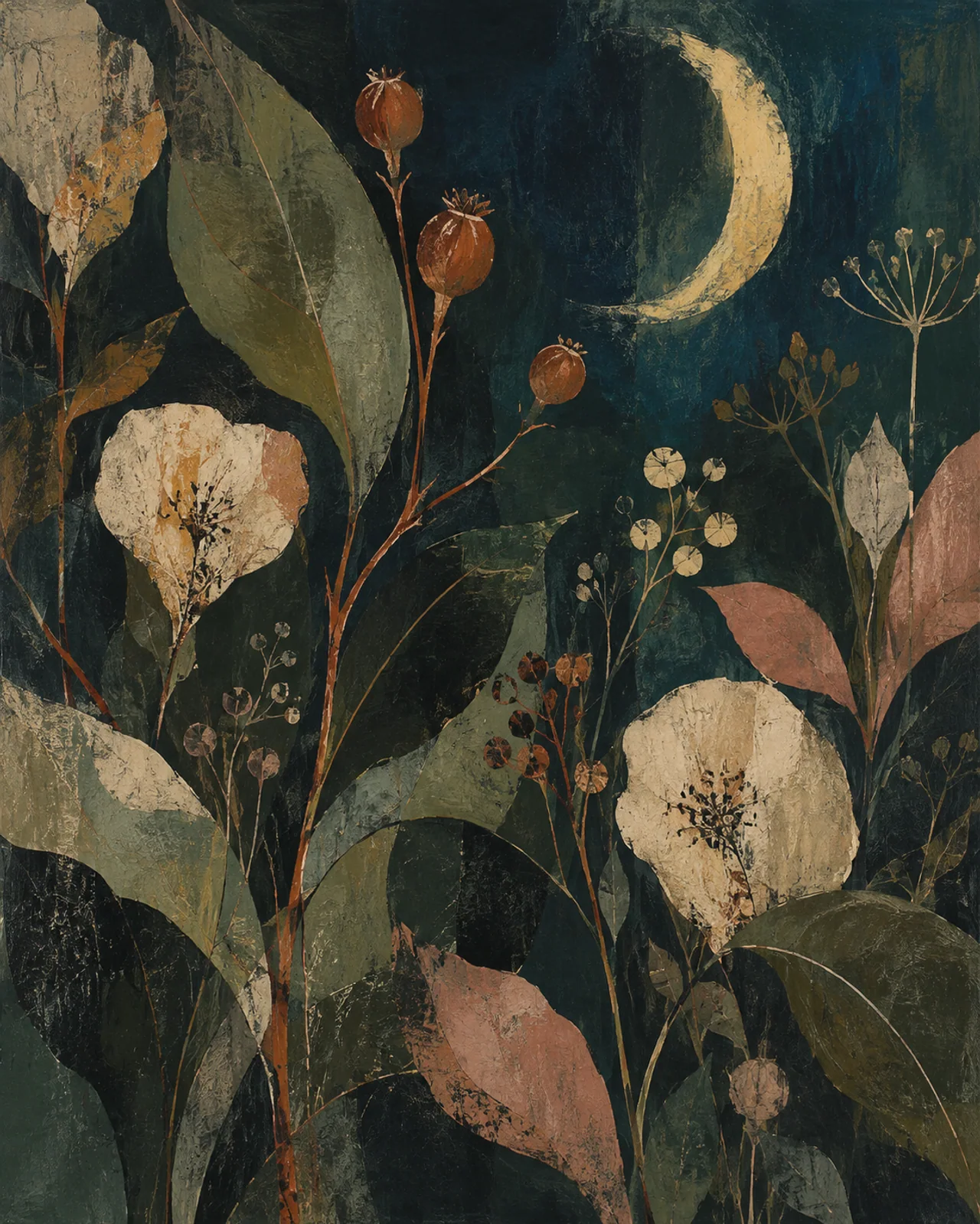 Chalk flowers, olive leaves and rust seed pods on a deep petrol ground beneath a pale crescent moon.