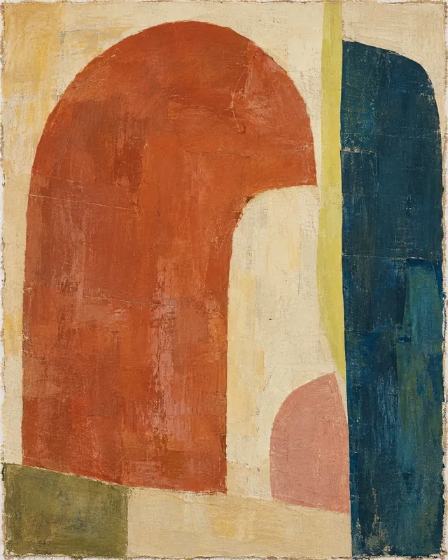 A broad terracotta arch beside a petrol-blue vertical shape, with citron and dusty-rose accents on ivory.