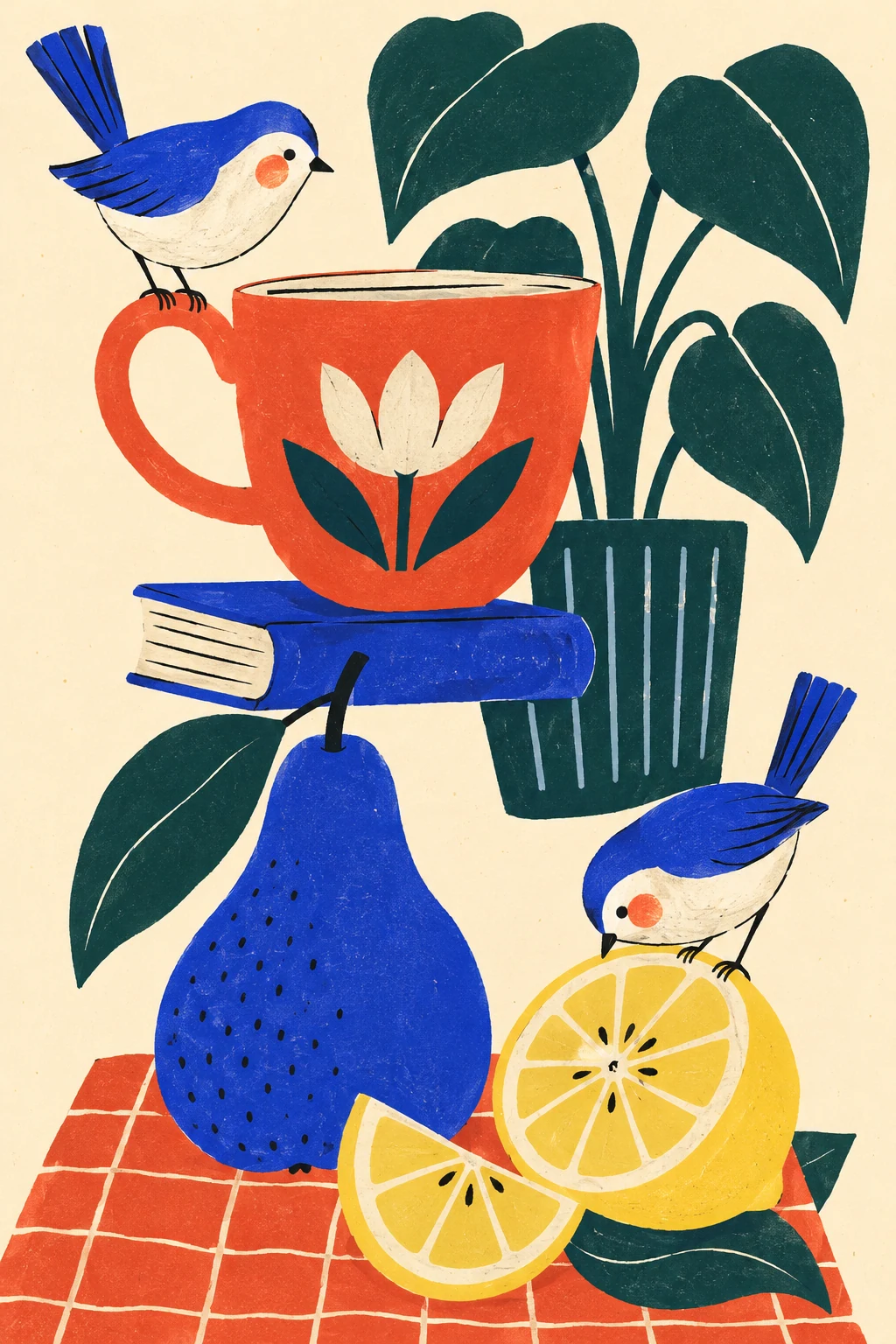 Two blue birds explore a red cup, a blue pear and yellow lemon slices beside a large teal houseplant on a cream background.
