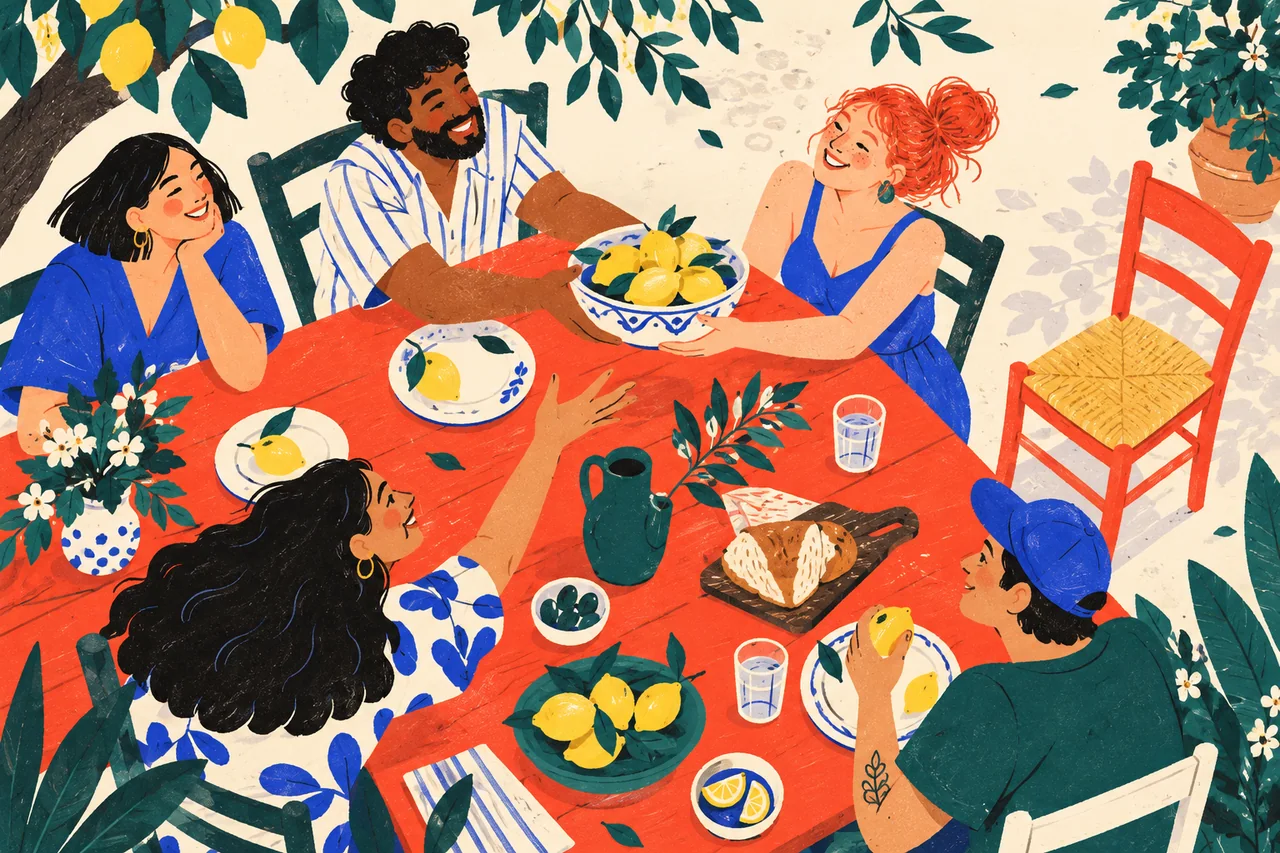 Five friends share lemons around a red outdoor table beneath leafy branches, with an empty red chair waiting at one end.