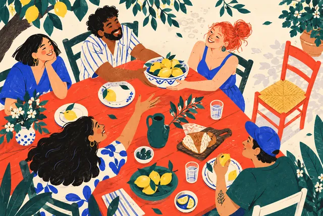 Five friends share lemons around a red outdoor table beneath leafy branches, with an empty red chair waiting at one end.