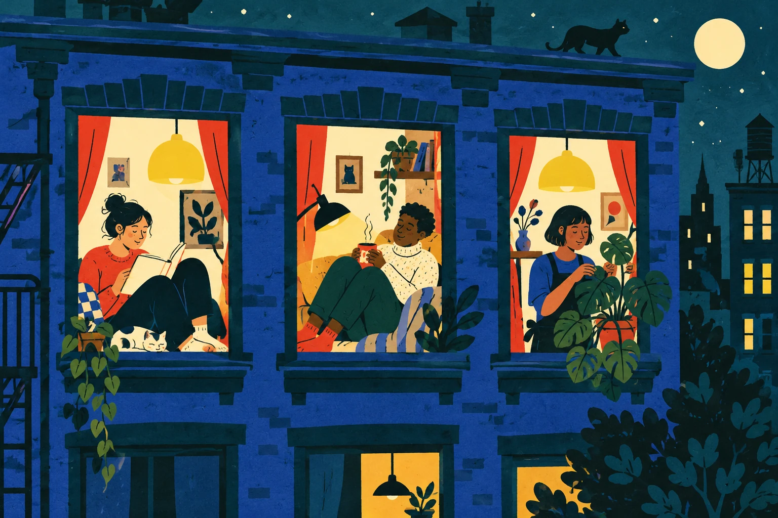 Three people read, rest with a mug and tend a plant in warmly lit windows of a cobalt-blue apartment building at night.