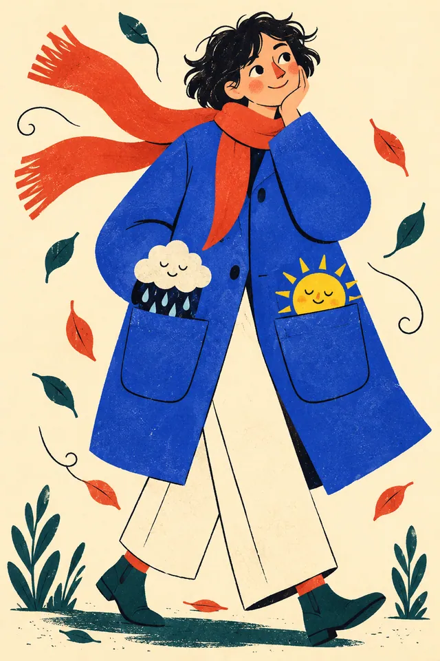 A person in a cobalt coat and red scarf carries a smiling rain cloud and yellow sun in oversized pockets while leaves swirl around them.